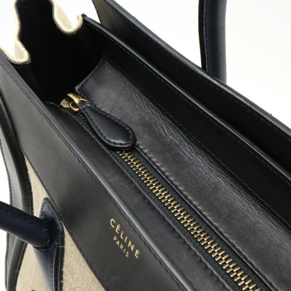 CELINE Luggage Shopper Tote Bag Handbag Linen Leather Beige Black Navy 165212 - Picture 7 of 10